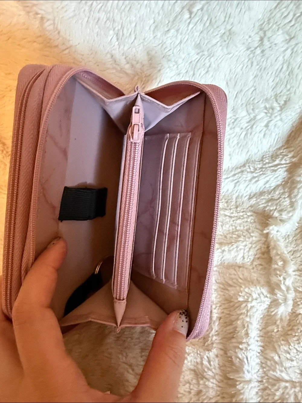 Buxton Pink Top Grain Cowhide Leather Double Zip Around Wallet Marbled Interior